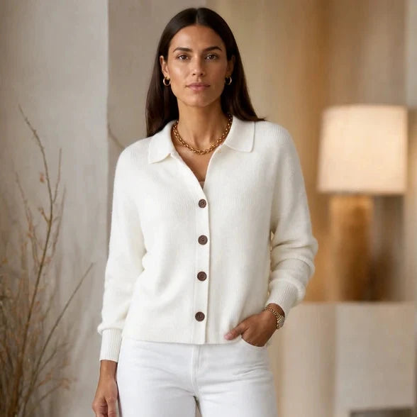 Wearbella – Contrast-Button Turn-Back Collar Knit Cardigan