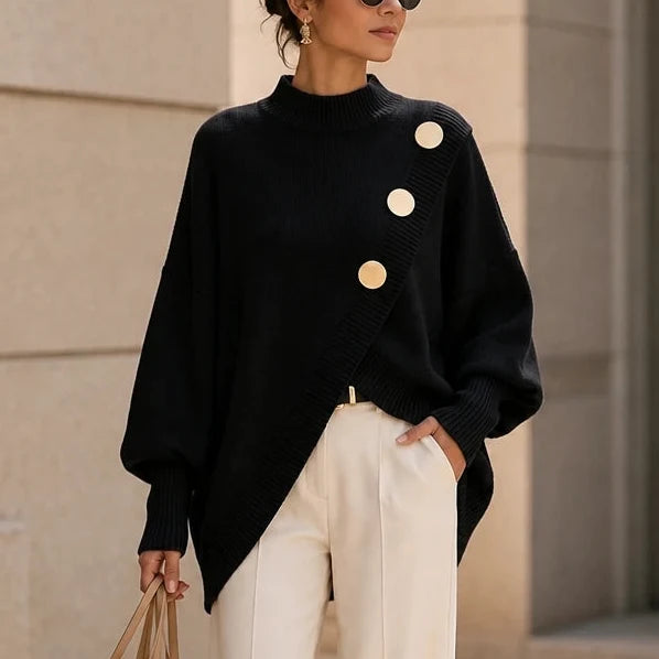 Hemline – Asymmetric Mock-Neck Button Knit Sweater