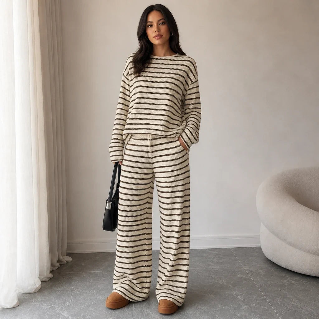 Stripe & Ease – Striped Long-Sleeve Top And Wide-Leg Pants Set