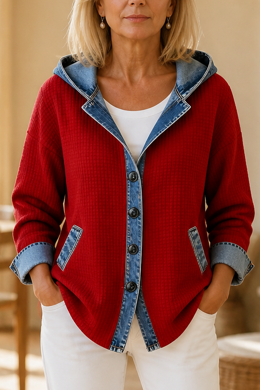 Layerlore – Denim-Look Patchwork Hooded Cardigan