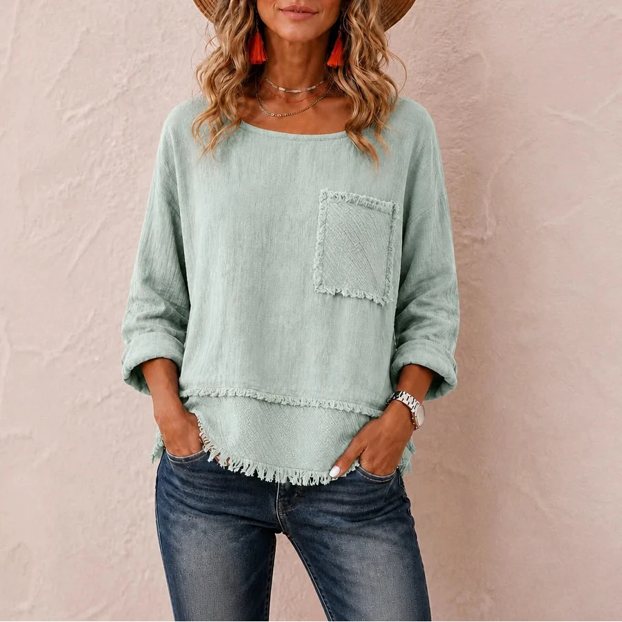 Marlowe – Crinkle-Textured Frayed-Trim Tunic Top