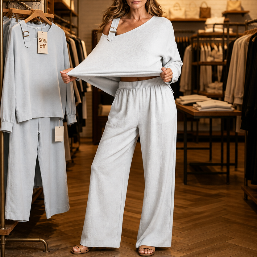 Linora – Asymmetric Wide-Leg Linen-Blend Two-Piece Set