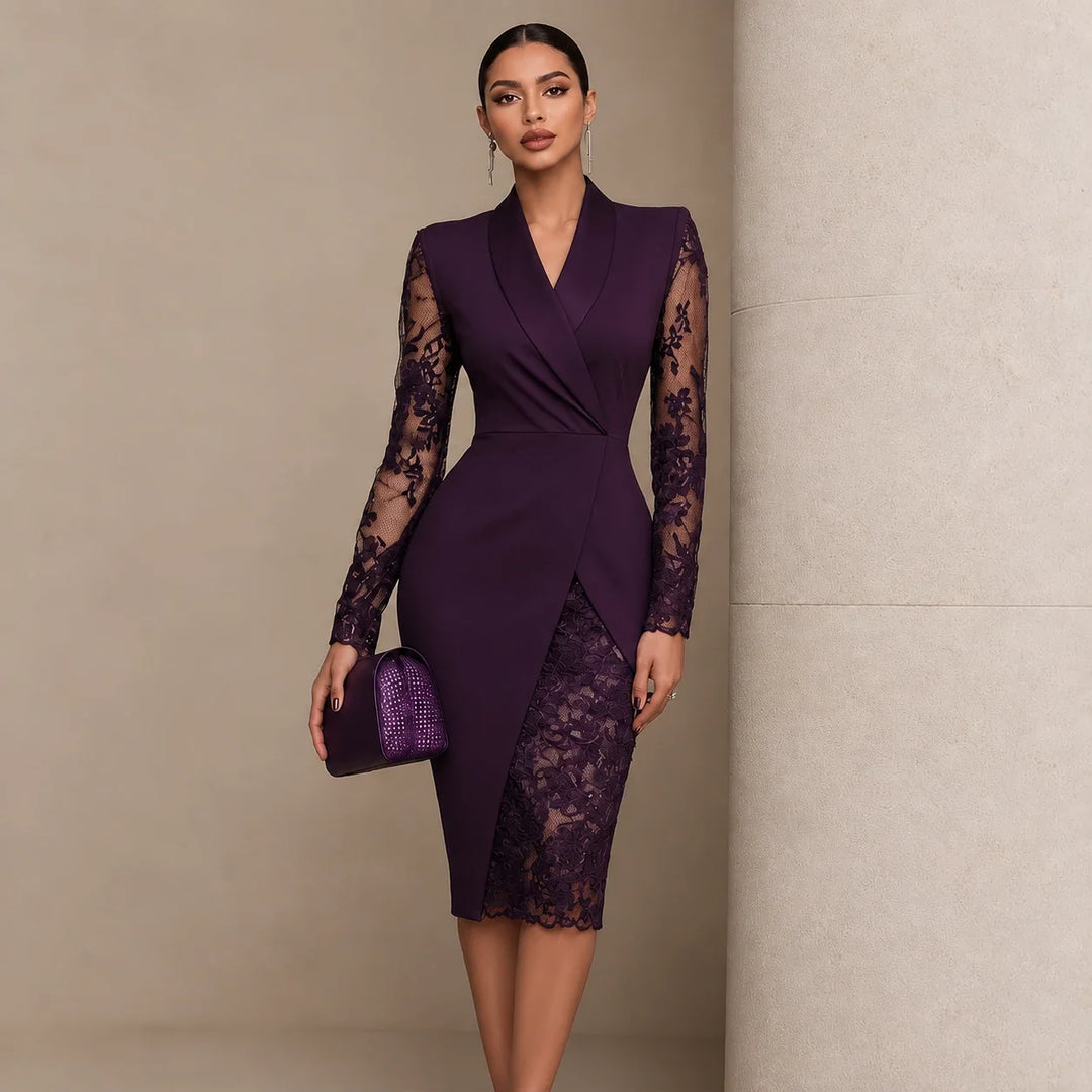 Belleform – Lace-Sleeve Blazer-Wrap Asymmetric Hem Dress