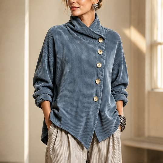 Foldover – Asymmetric Placket Funnel Neck Corduroy Top