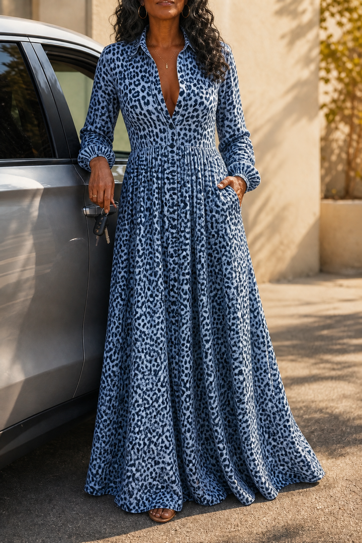 Leocara – Button-Front Leopard Print Maxi Shirt Dress