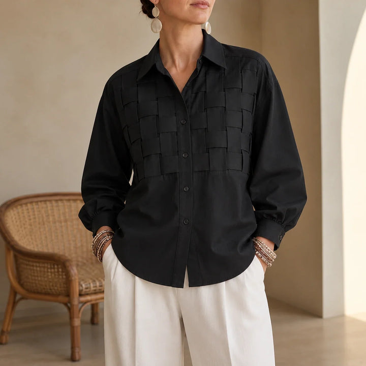 Wovelle – Raised Woven-Check Long-Sleeve Blouse