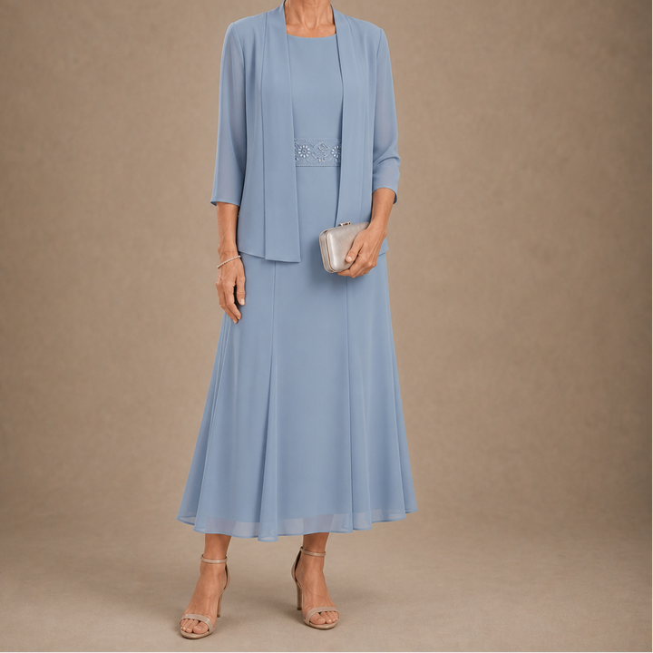 Elowen – Sleeveless Beaded-Waist Chiffon Dress With Jacket