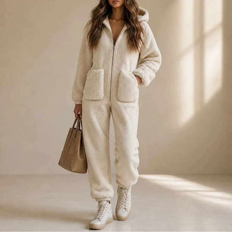 Cozyline – Hooded Zip-Front Straight-Leg Jumpsuit