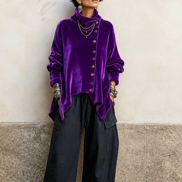 Velvara – Asymmetric Button Velvet Turtleneck Top