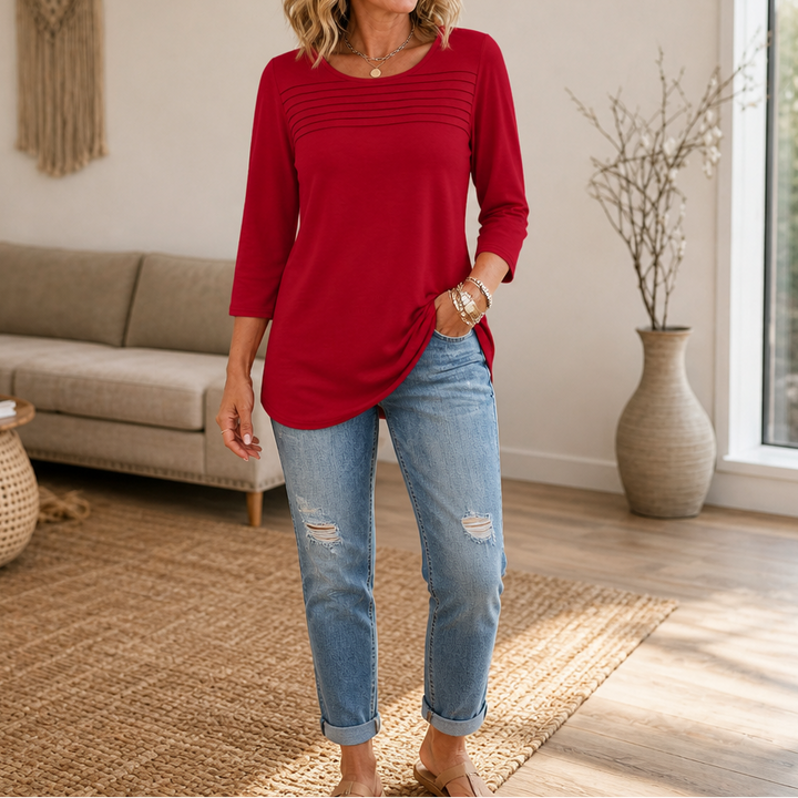 Pleatelle – Pleated Three-Quarter-Sleeve Casual Top
