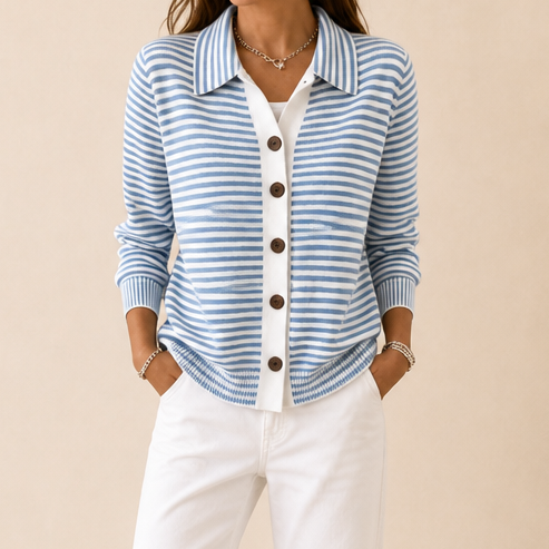 Wearbella – Striped Collared Button-Front Cardigan