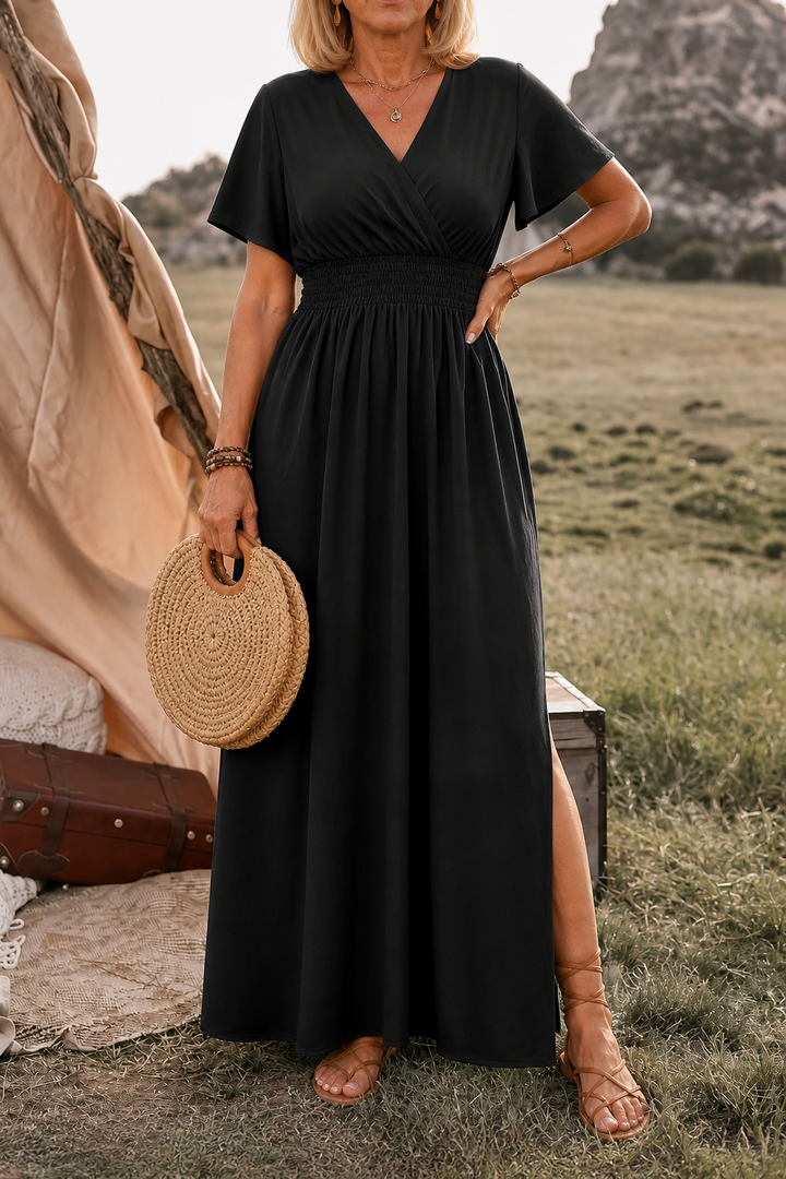 Lunetta – Button-Front V-Neck Side Slit Maxi Dress