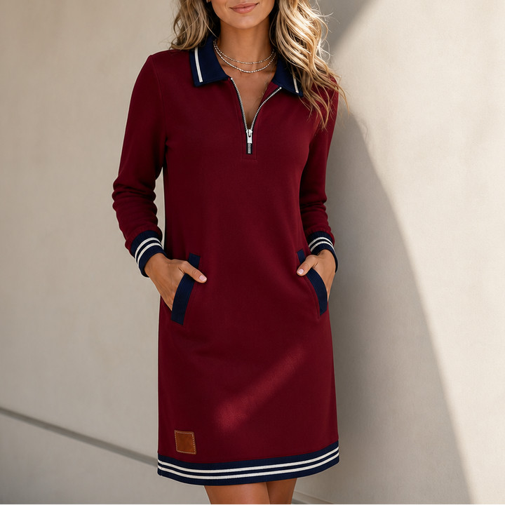 Wearbella – Quarter-Zip Striped Trim Pocket Sweatshirt Dress