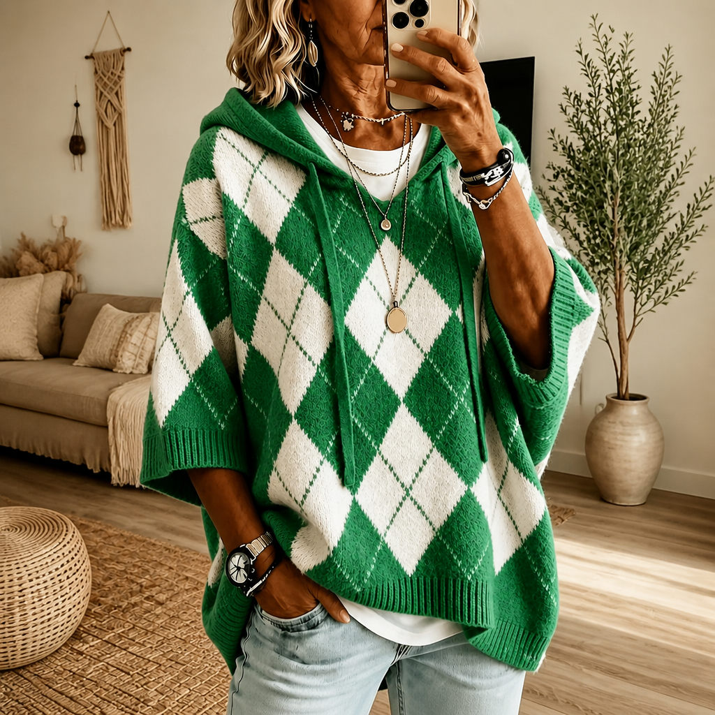 Wrapbella – Hooded Argyle Batwing Poncho Sweater