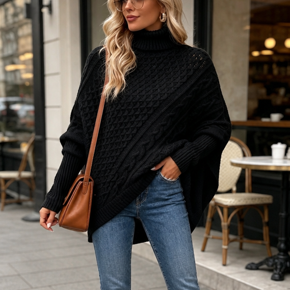 Cabelune – Cable-Knit Asymmetric Poncho Sweater