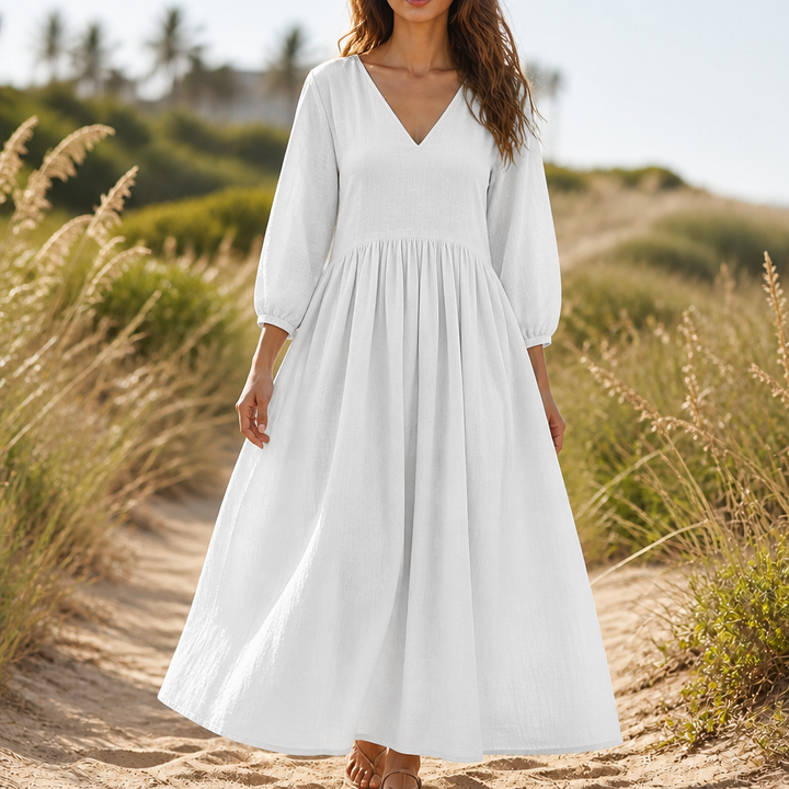 Linenova – Pleated V-Neck Cotton-Linen Look Maxi Dress