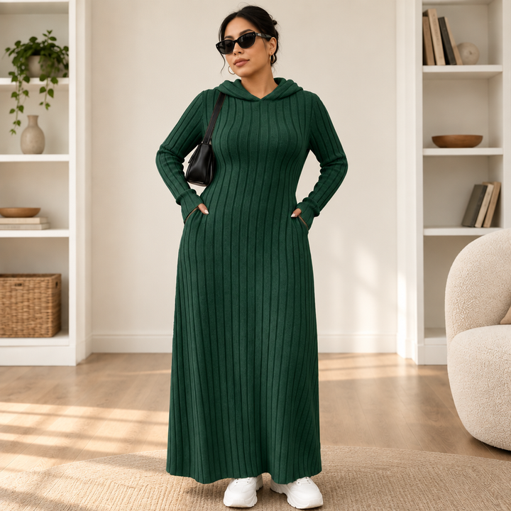 Ribwarm – Hooded Ribbed-Knit Maxi Sweater Dress