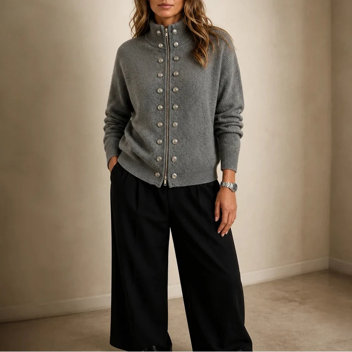 Plot Twist – Double-Button High-Neck Knit Cardigan