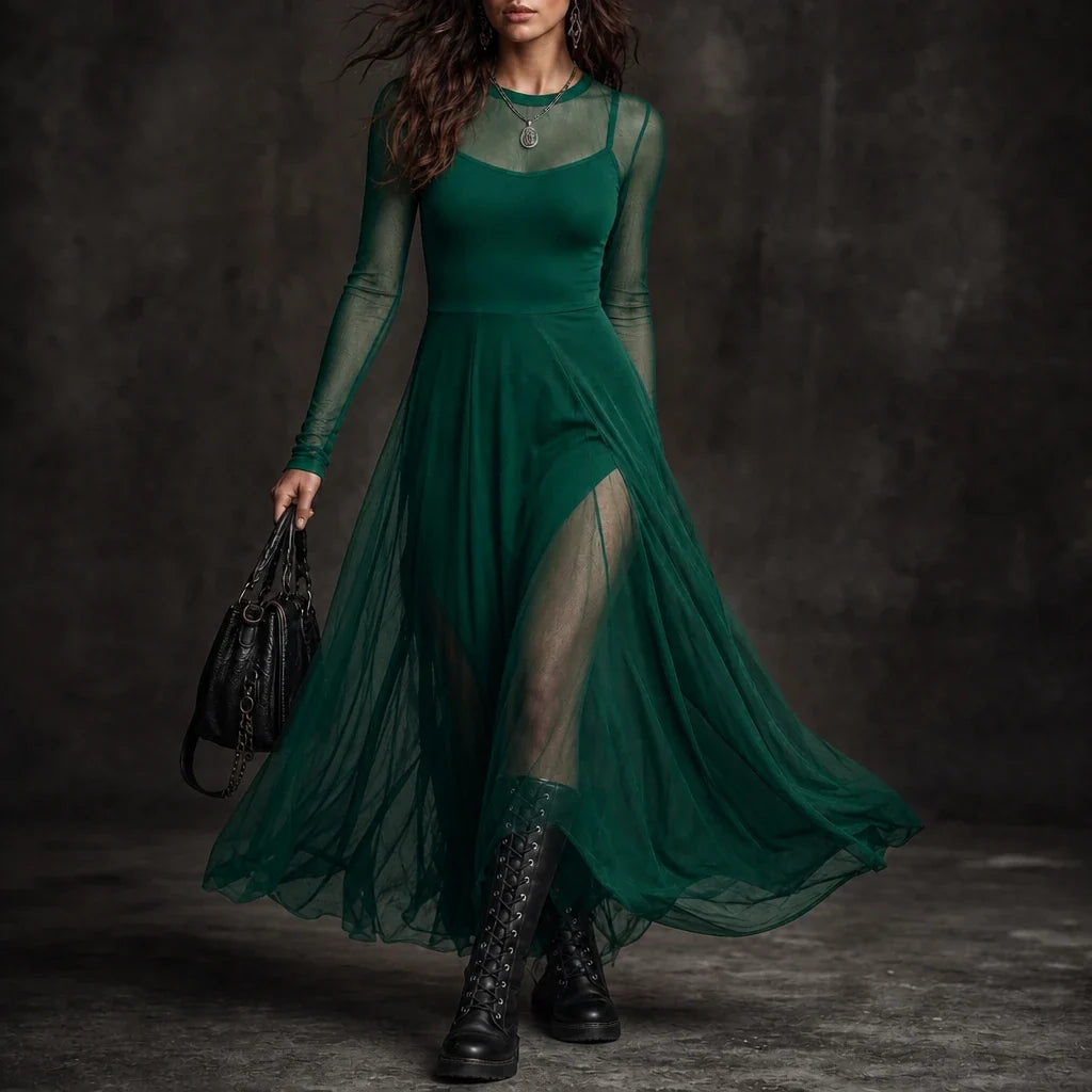 Noctelle – Tulle Patchwork Black Maxi Dress