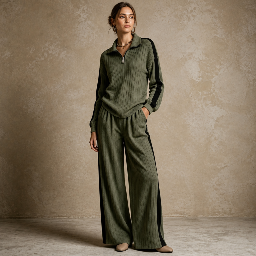 Ribelle – Ribbed Half-Zip Wide-Leg Lounge Set