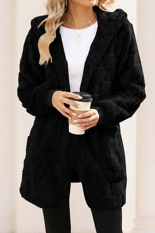Plushden – Checkered Fuzzy Open-Front Cardigan