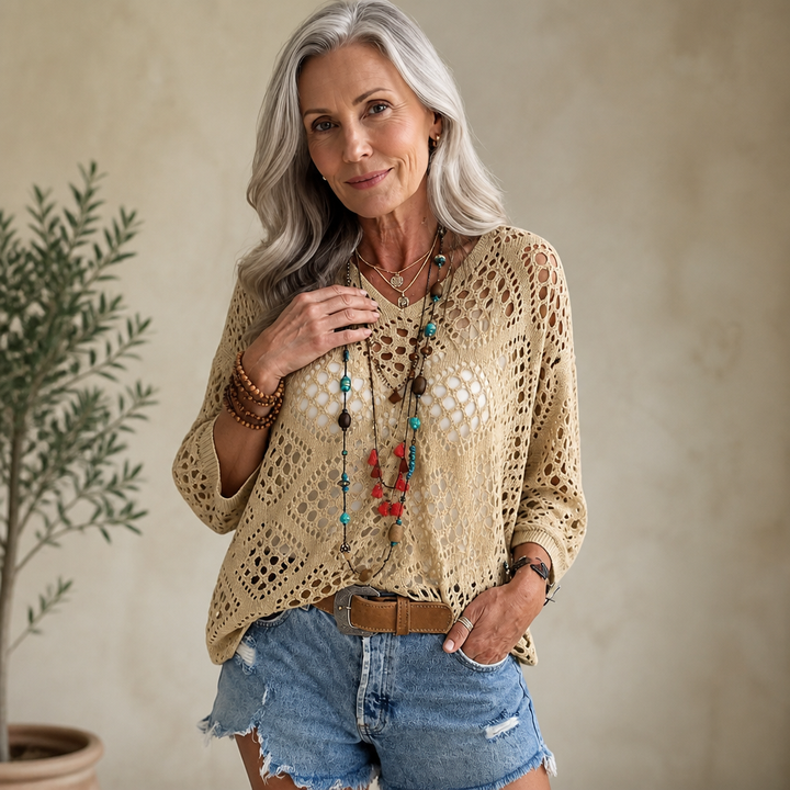 Sunlace – Diamond Openwork Drop-Shoulder Knit Top