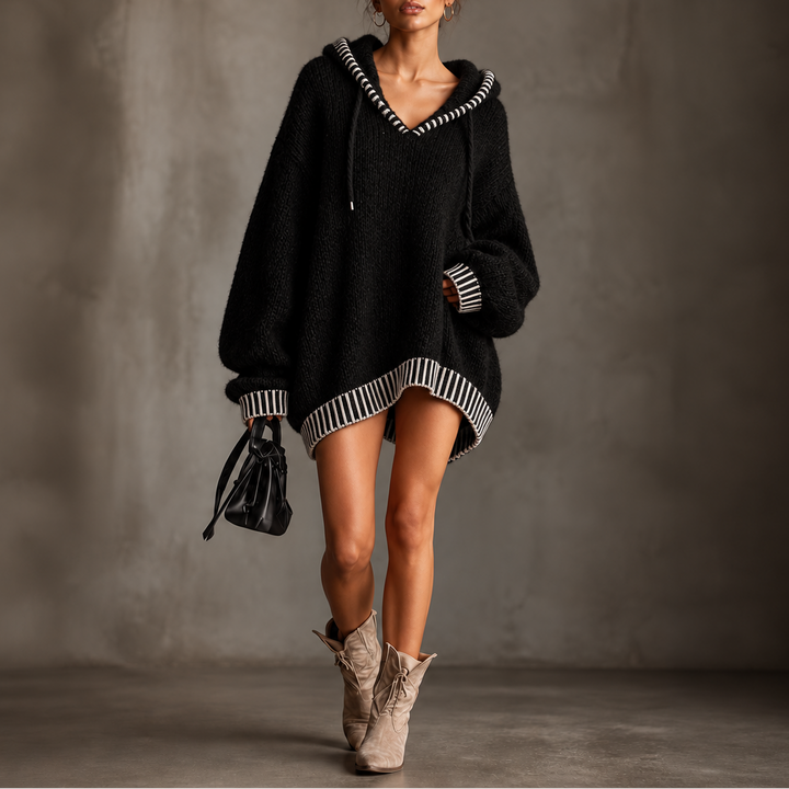 Cowlane – Contrast-Trim Hooded Sweater Dress
