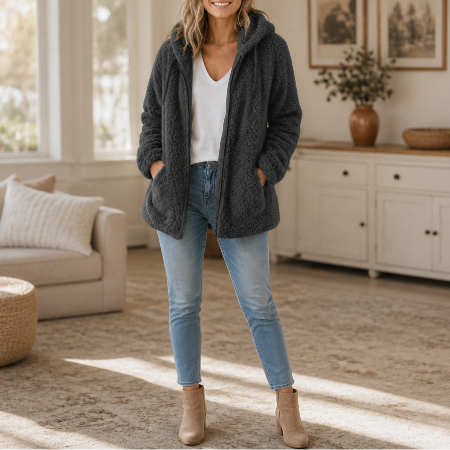 Cozelia – Fuzzy Hooded Zip-Up Fleece Jacket