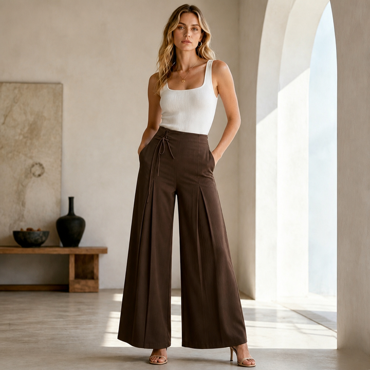 Vela – Asymmetric Draped Front High-Waisted Wide-Leg Trousers