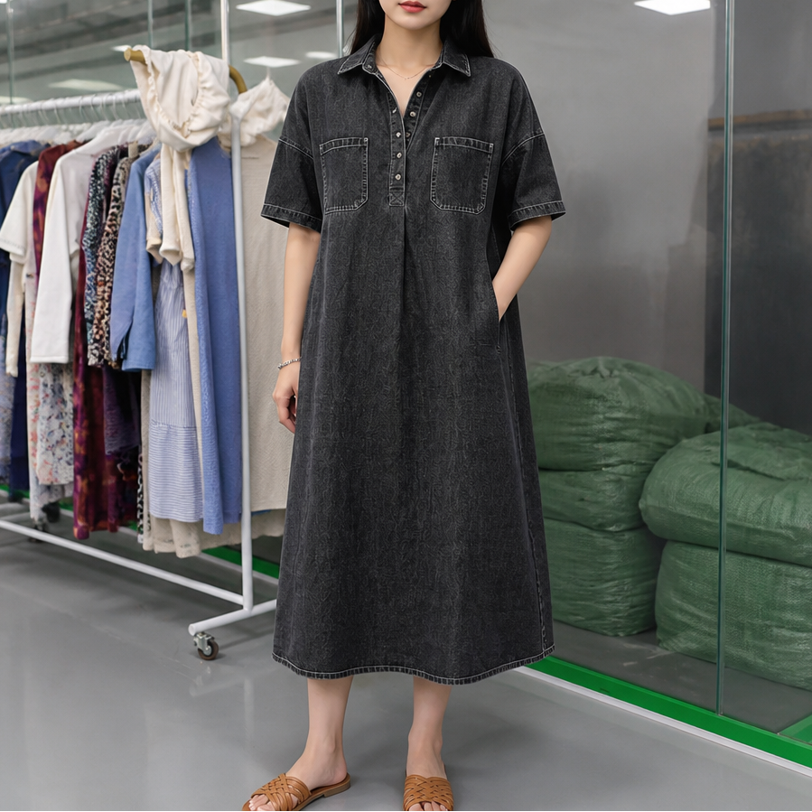 Denimly – Pocketed Shirt Collar Denim Midi Dress