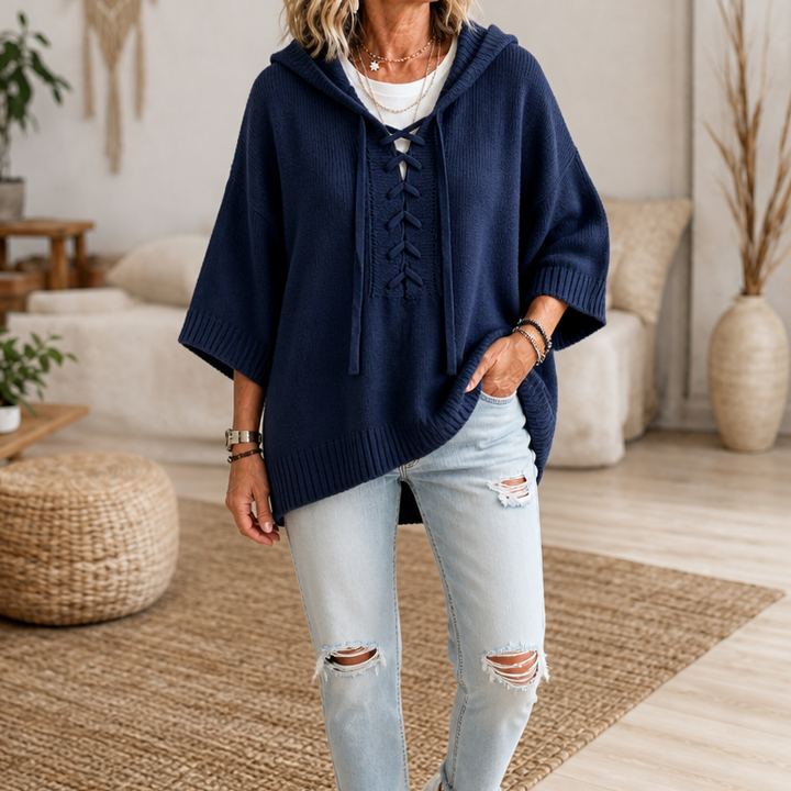 Lunarknit – Lace-Up Deep V Hooded Knit Pullover