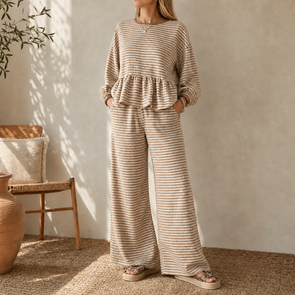Elara – Gingham Peplum Top And Wide-Leg Pants Set