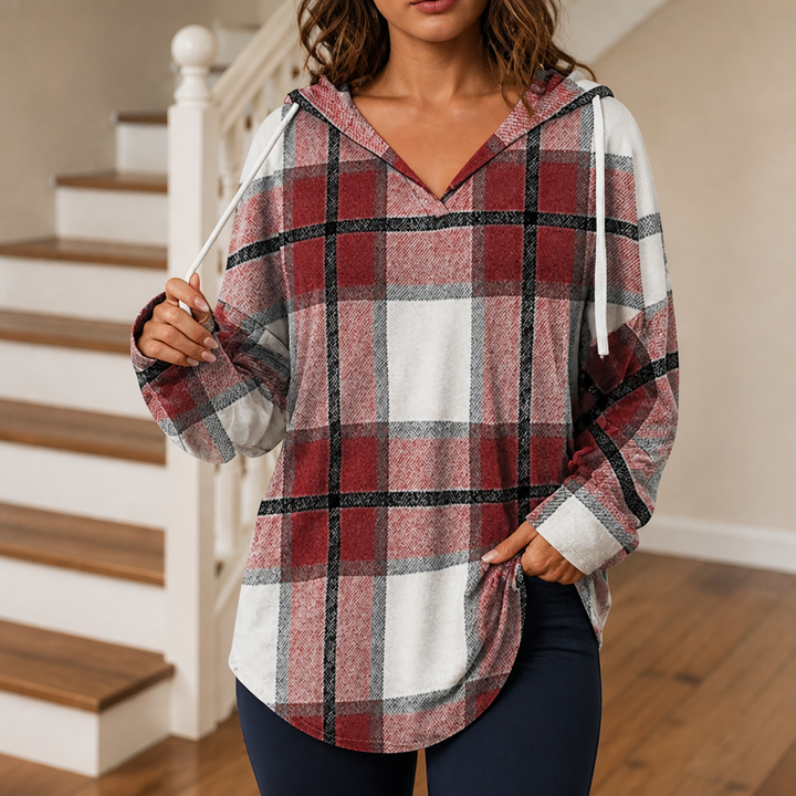 Plaidwell – Drawstring V-Neck Hooded Plaid Top