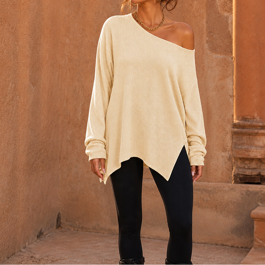 Veluna – Side-Slit Off-Shoulder Tunic Blouse