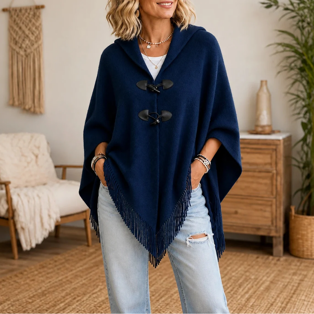 Fringe & Fold – Hooded Knit Fringe Poncho