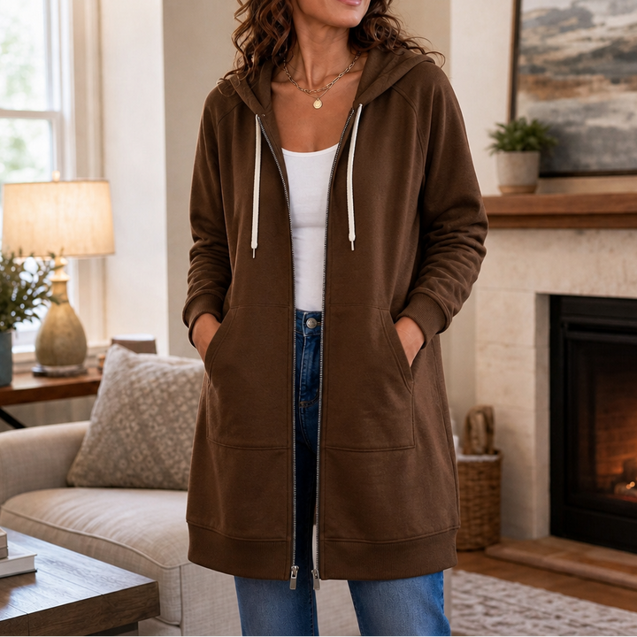 Wrapdrey – Mid-Length Zip-Up Hooded Cardigan