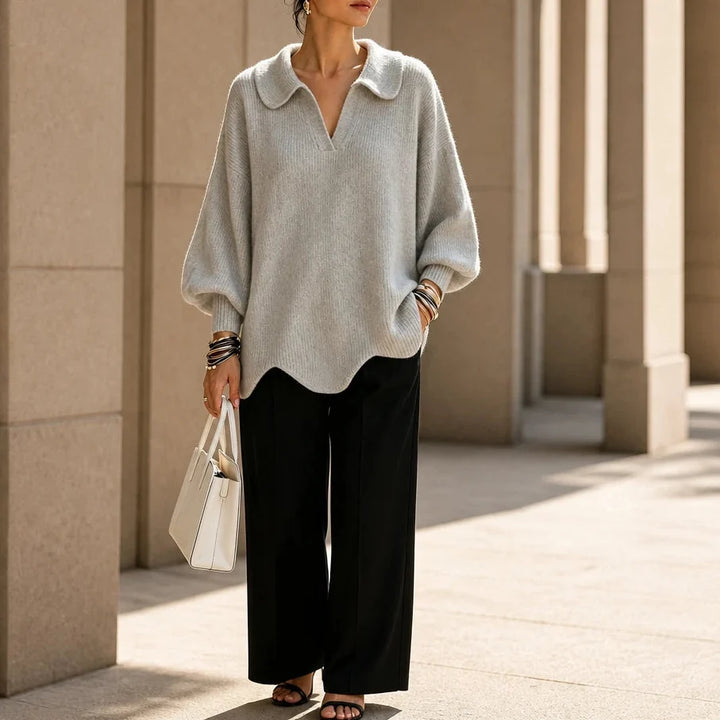 Velluna – Scalloped Hem V-Neck Sweater