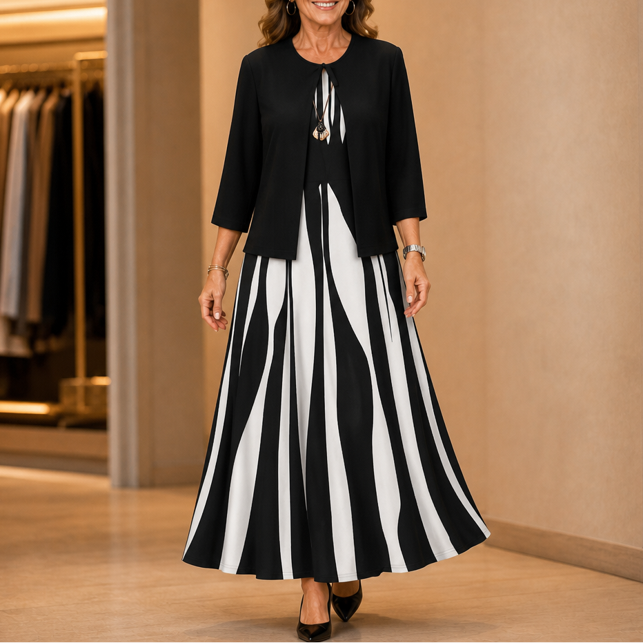 Fielina – Striped Two-Piece Maxi Dress And Cardigan Set