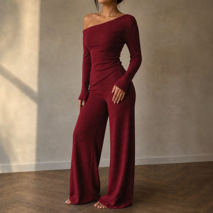 Veloura – Off-Shoulder Long-Sleeve Wide-Leg Pants Set