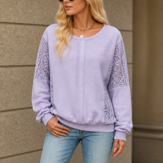 Lacebella – Floral Lace Panel Lantern-Sleeve Sweatshirt
