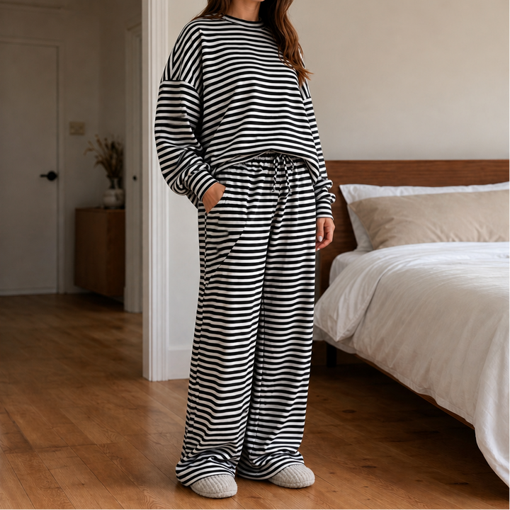 Stripe & Ease – Striped Top And Drawstring Wide-Leg Pants Set