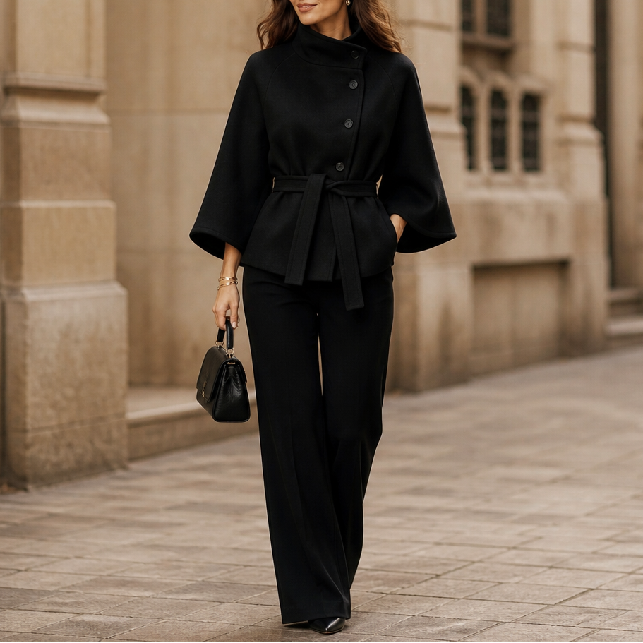 Velora – Asymmetrical Belted High-Neck Jacket