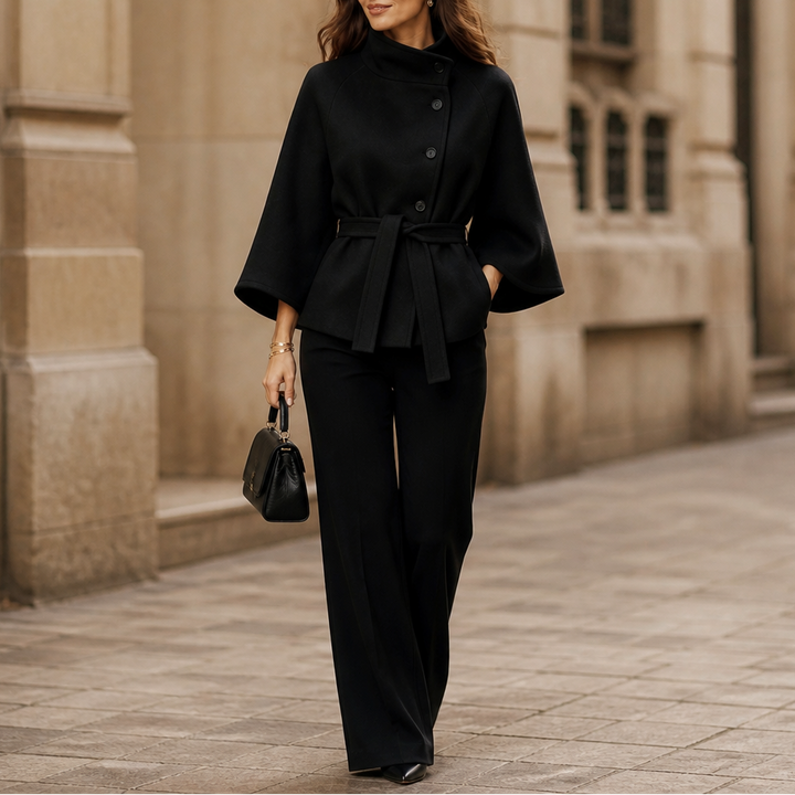 Velora – Asymmetrical Belted High-Neck Jacket