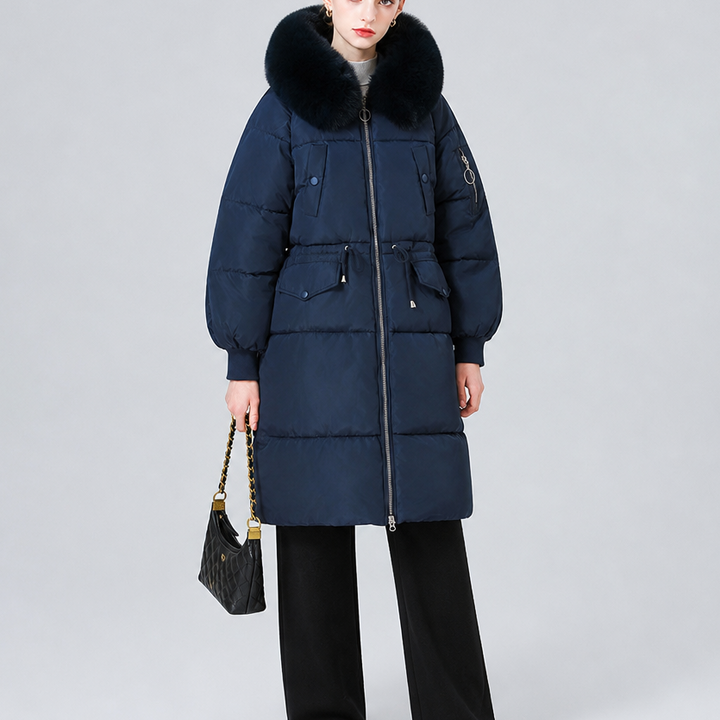 Veluna – Plush Hood Trim Mid-Long Padded Winter Coat