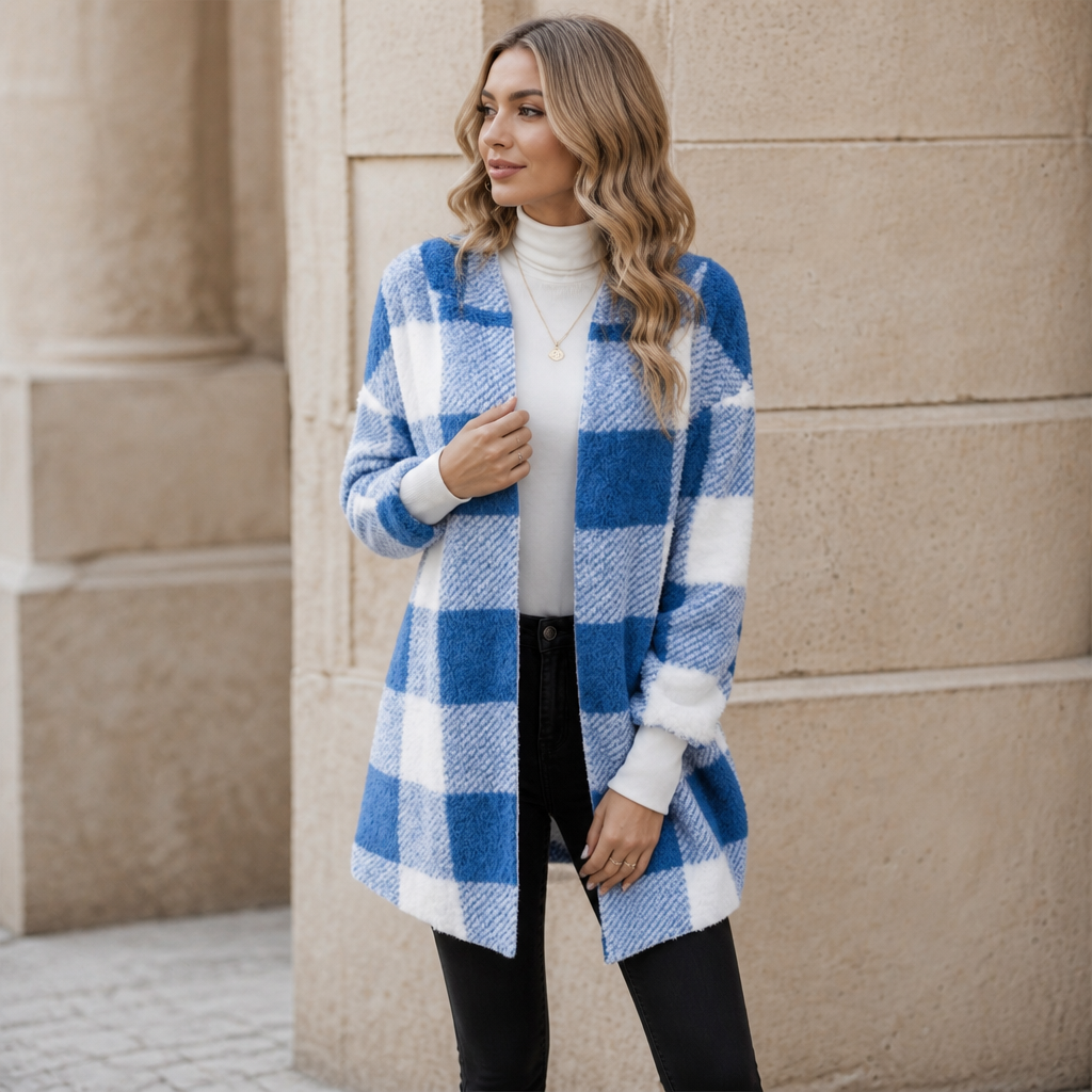 Plaidelle – Oversized Plaid Hooded Fleece-Look Cardigan