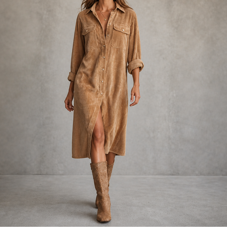 Corvana – Ribbed Button-Front Shirt Dress