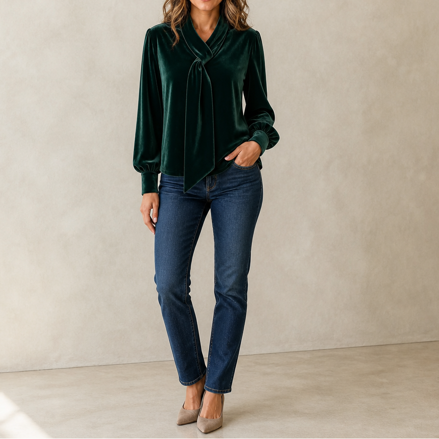 Veloura – Velvet Bow-Collar Long-Sleeve Top
