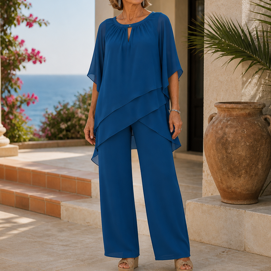 Draperie – Asymmetric Chiffon-Overlay Wide-Leg Trouser Set
