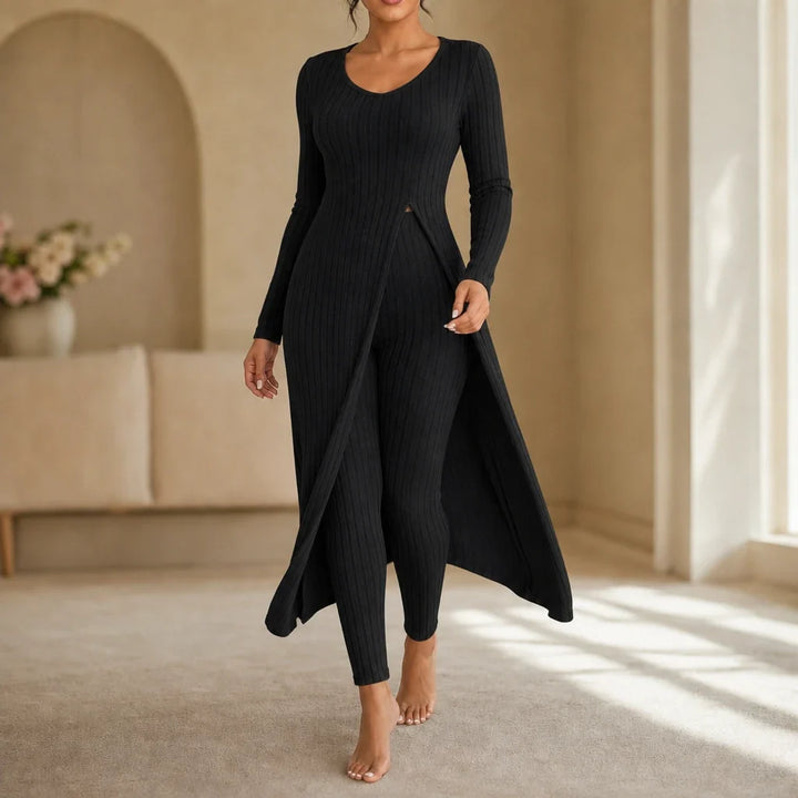 Ribella – Ribbed Side-Slit Tunic And Slim-Fit Pants Set