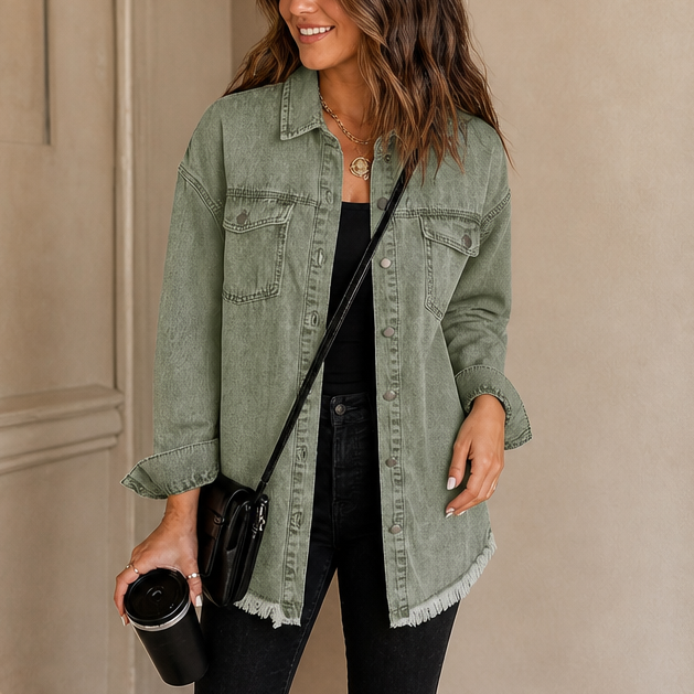 Frayden – Washed Frayed-Hem Denim-Look Jacket